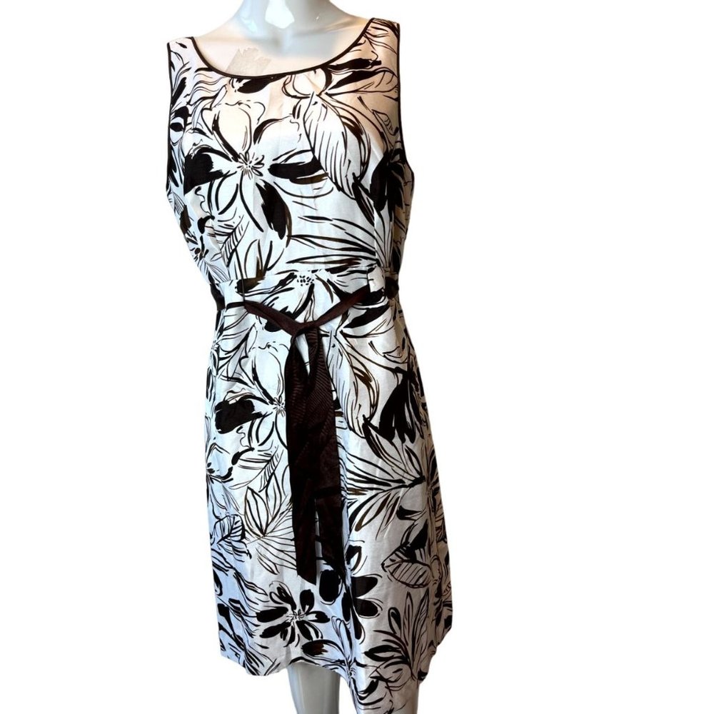 Dress Barn Women Floral Knee Length Dress Tie Waist Back Zip Brown White Size 10